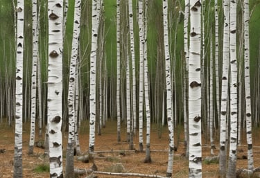 A forest landscape where numerous tree stumps and cut logs are scattered across the foreground, indicating recent deforestation. The background shows a sparse line of trees under a clear sky, with a noticeable reduction in tree density.