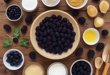 A rustic pan filled with a traditional dessert topped with powdered sugar and assorted berries, such as blackberries and red currants. Garnished with a sprig of mint and a decorative husk cherry. The setting includes a wooden surface, a checkered napkin, and a small bowl of sauce with a spoon beside it.