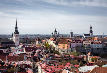 Tallinn Old Town skyline with medieval buildings and church towers in Estonia