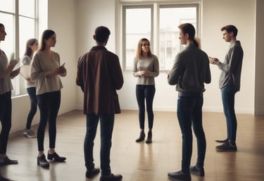 a group of people sitting in a circle with a man in a suit and tie