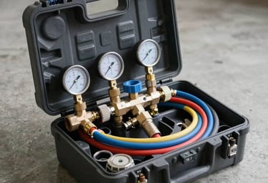 A professional backflow assembly testing kit in a durable hard case, with gauge meters, valves, and color-coded hoses, resting on a clean concrete floor under soft utility light.