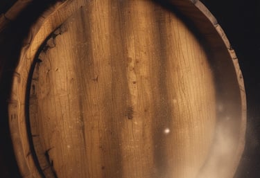 Close-up of a hand selecting a rich oak barrel in a dimly lit Kentucky rickhouse.