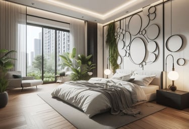 camera da letto con piante ornamentali, poltrona relax e decorazione con cerchi dietro al letto