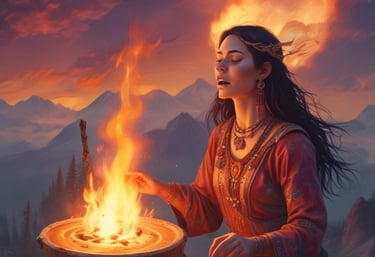 A peaceful meditation space with natural elements and a person in deep shamanic meditation.