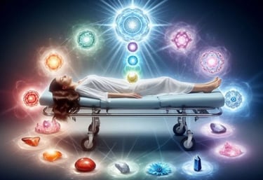 una mujer en la camilla rodeada de cristales practica cristaloterapia cuántica