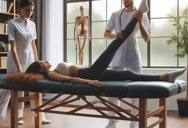 a woman is doing a leggy stretch out on a massage table