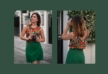 a woman in a floral top and skirt