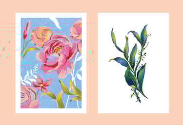 two pictures of flowers and leaves on a pink background