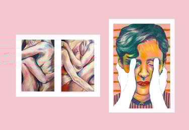 a woman with her hands on her face and two paintings of her face