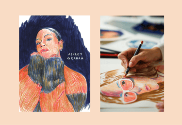 a woman's hand holding a pencil and a drawing of a man's