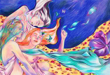 a drawing of a woman in a bed