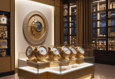 A luxurious gold necklace adorned with sparkling gems is elegantly displayed on a red velvet mannequin stand. The lighting highlights the intricate details and the lustrous finish of the jewelry, creating a sense of opulence.