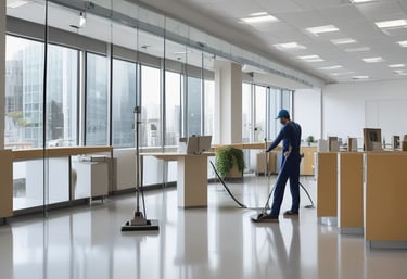 Two workers in protective gear are cleaning the large glass windows of a modern building. They are suspended mid-air by ropes and harnesses, equipped with cleaning tools.