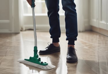 A person wearing protective clothing, a face mask, and gloves is cleaning a white cushioned furniture piece using a vacuum cleaner. The setting appears to be indoors with bright natural light streaming in through large windows. A green potted plant is placed next to a white sofa, adding a touch of nature to the clean and tidy environment.