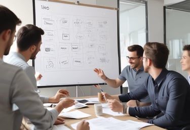 a group of people sitting around a table with papers and papers