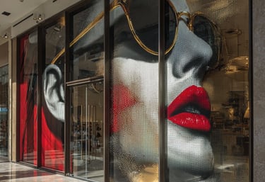 a woman's face in a window display