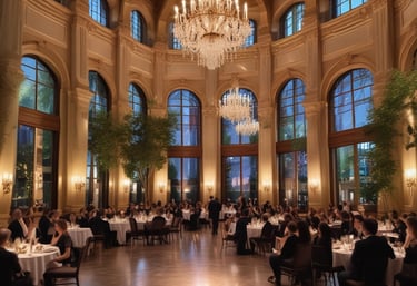 Luxurious cultural salon with refined furniture and warm lighting, designed for intimate gatherings.