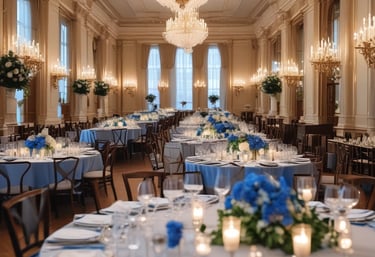 Elegant event hall with deep blue and gold decor, featuring classic architectural details and ambient lighting.
