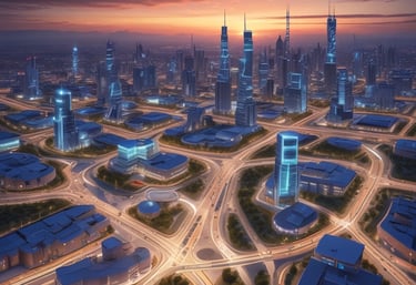 A diverse team collaborating enthusiastically around a sleek, modern workspace with glowing blue accents.