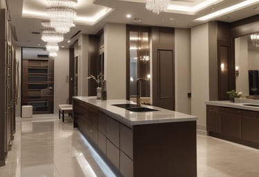 Spacious interior with wooden paneling covering the walls and floors, creating a minimalist and modern aesthetic. Large windows on the right side allow natural light to brighten the space. The design is sleek with clean lines, and there are several chairs positioned in an upper section.