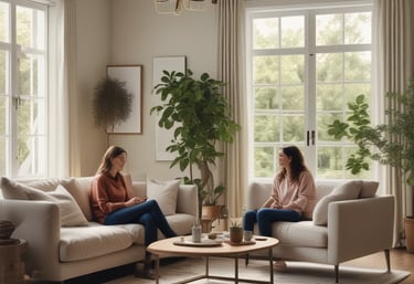 A serene therapy room with comfortable seating and calming decor.