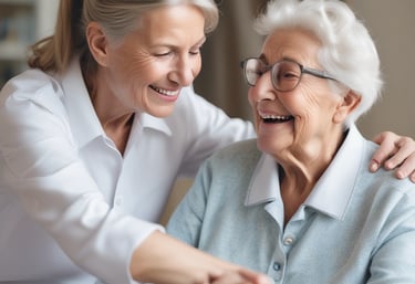 A serene garden space with residents enjoying the outdoors and socializing.