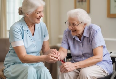 A healthcare professional assisting an elderly patient in a bright, welcoming environment.