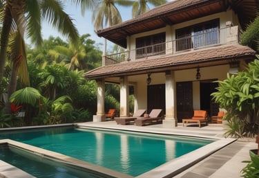 Aerial view of luxury beachfront villas surrounded by lush greenery and palm trees. The villas have unique thatched roofing and private circular pools. The sandy beach and ocean are visible on the left side.