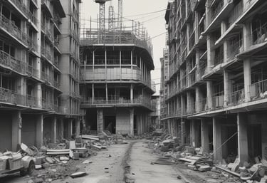 A construction site covered with blue scaffolding is visible. Several signs and banners advertising construction companies and services are attached to the scaffolding. There are details indicating restoration work being done, including contact information and project descriptions.
