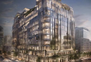 a man riding a skateboard down a street next to tall buildings