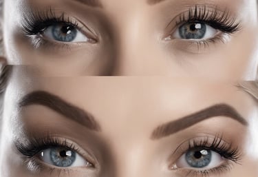 A close-up of a person receiving eyebrow threading. The person's eyes are closed, and a hand is expertly manipulating a thread across the eyebrows. The atmosphere is serene and focused.