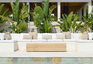 Modern white outdoor sectional sofa by a swimming pool with tropical banana plants. Landscape design