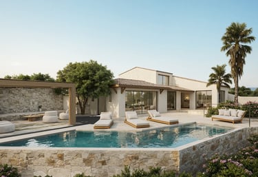 Luxury villa with a modern swimming pool, stone patio, lounge chairs, and palm trees. Sainte-Maxime