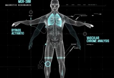 A 3D digital wireframe model of a human body showing lung bypass activation and vascular chrome analysis.