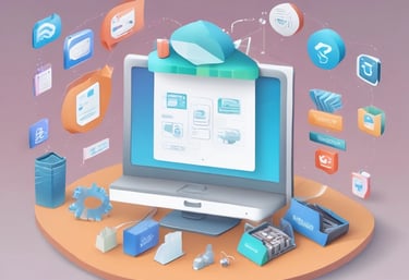 A person is using a laptop to browse an online marketplace featuring various digital products or themes. The screen displays a selection of software or website themes with descriptions and prices. The person seems to be in a well-lit room, sitting at a table.