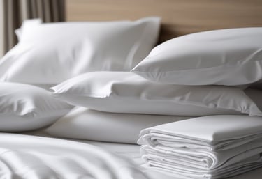 A neatly folded stack of linens with a soft, textured appearance. The linens are in muted tones, arranged on a white surface with a soft background blur.
