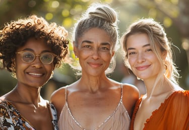 3 femmes souriante regardant l'objectif. Sororité