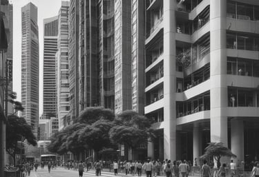 A modern, large, multi-story office building is prominently situated on a clear day, featuring the letters 'BCI' with a logo on its facade. The structure is surrounded by a well-maintained garden and a sidewalk where several people are walking. Nearby, cars are parked and some are driving along the street.
