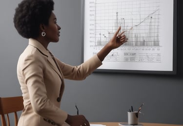 Three people are in a meeting room. One person is standing and pointing to a whiteboard filled with diagrams and flowcharts, while the other two are seated at a table with laptops and notebooks. The atmosphere appears focused and collaborative.