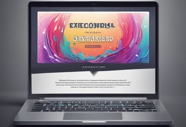A laptop computer with a website displayed on the screen featuring the text 'Exceptional Web Application design & development'. The laptop is on a dark surface, and the website has a clean and modern design with a light background and colorful text elements.