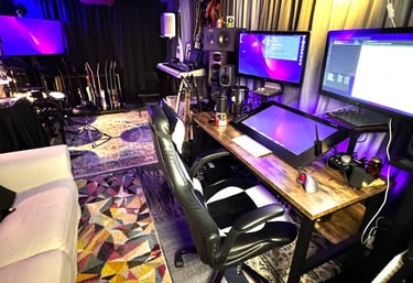 studio desk with controls and screens