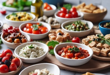 A plate of Greek salad with chopped cucumbers, tomatoes, onions, olives, and a large slab of feta cheese drizzled with olive oil is served on a table. Beside the plate is a glass of rose wine, partially filled, catching the light.
