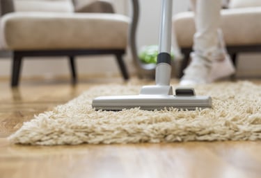 Technician performing professional carpet cleaning in a living room