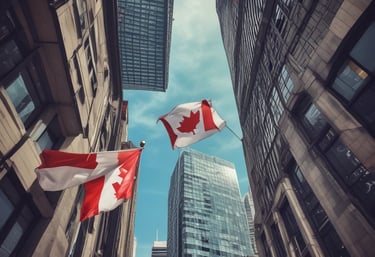 A warm handshake between two people with a Canadian flag in the background symbolizing connection.