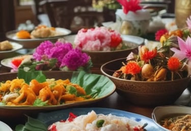 A wide variety of colorful traditional Thai cuisine dishes served on a table with floral garnishes.