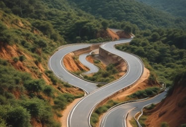A group of motorcyclists riding along a scenic mountain road with lush greenery surrounding them.
