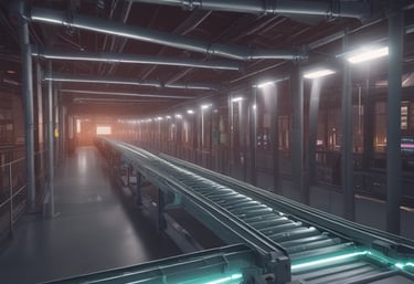 An industrial indoor scene showing an intricate setup of machinery and equipment. There are numerous cables and pipes intertwined, with a chain hoist hanging from above. A staircase is visible on the left side, leading to a platform with railings. Various electrical equipment and control boxes are positioned around the area. The environment seems to be part of a larger facility, with a large vent pipe running horizontally across the wall in the background.