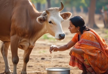 A indian lady extracting milk from desi indian Gir cow with hump