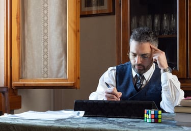 A professional consultation sitting at a desk writing a blog.