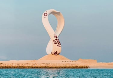 White Fiberglass Emblem Monument for FIFA World Cup Qatar 2022 Seaside Landmark in Doha by DEFARA